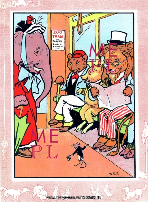 : Elephant, bear, pig, lion and mouse on a tram : Elephant, bear, pig, lion and mouse on a tram