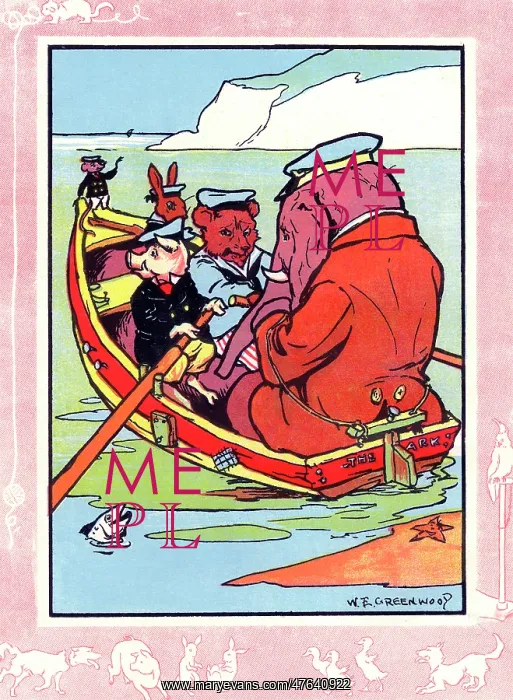 : Elephant, bear, pig, rabbit and mouse in a boat : Elephant, bear, pig, rabbit and mouse in a boat