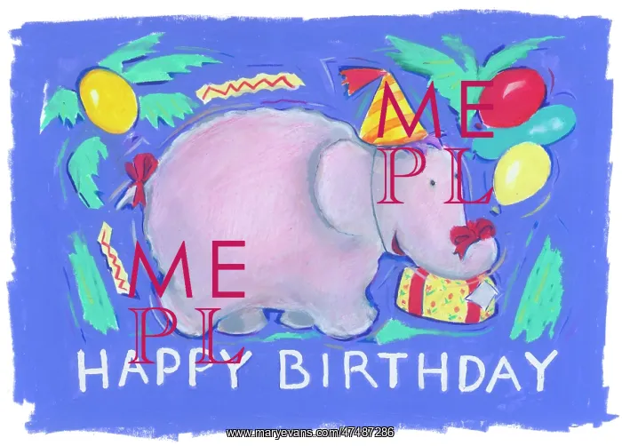 : Elephant with party hat, present and balloons : Elephant with party hat, present and balloons