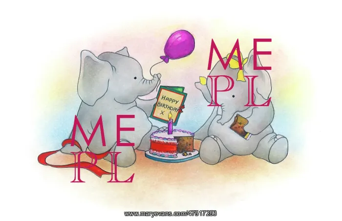 : Two elephants with birthday cake and card : Two elephants with birthday cake and card