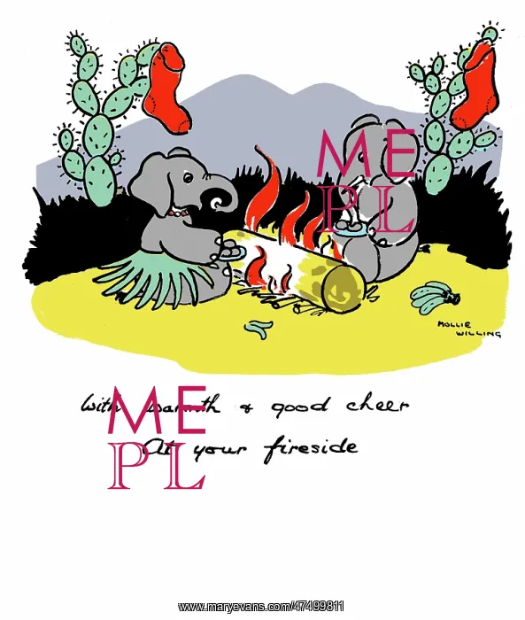 : Elephants by camp fire, with stockings hanging : Elephants by camp fire, with stockings hanging