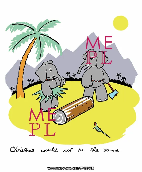 : Two elephants with a yule log : Two elephants with a yule log