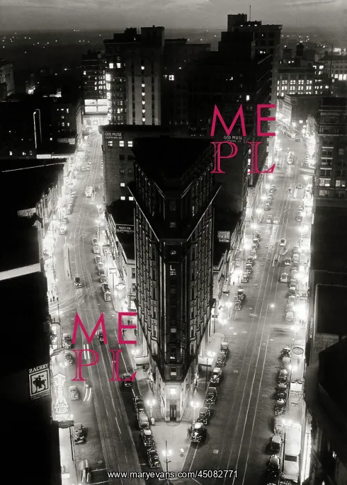 : Elevated Night View of Downtown Intersection of : Elevated Night View of Downtown Intersection of
