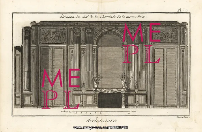: Elevation of the fireplace wall in a room in the : Elevation of the fireplace wall in a room in the