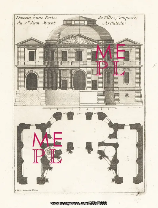 : Elevation and plan for a town gate by architect Jean Marot : Elevation and plan for a town gate by architect Jean Marot