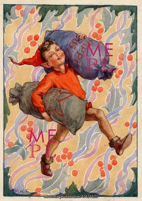 : An elf carrying sacks full of presents on a holly leaf motif : An elf carrying sacks full of presents on a holly leaf motif