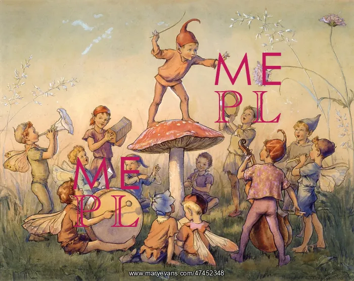 : Elf conductor on toadstool with fairy musicians around : Elf conductor on toadstool with fairy musicians around