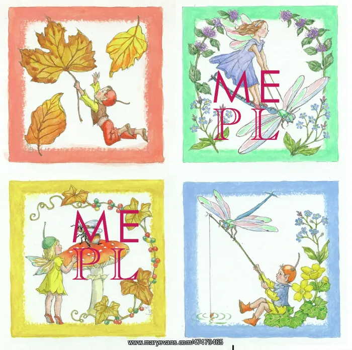 : Elf with leaves; fairy with bee on toadstool : Elf with leaves; fairy with bee on toadstool