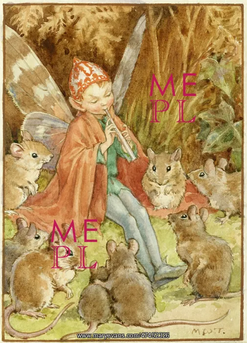 : Elf playing pipe with mice all around : Elf playing pipe with mice all around