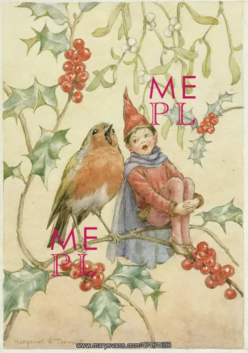 : Elf and Robin Singing on a holly branch with mistletoe : Elf and Robin Singing on a holly branch with mistletoe