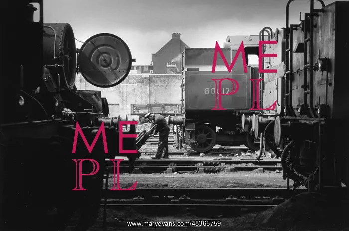 : Nine Elms Loco Yard with worker with barrow between locos : Nine Elms Loco Yard with worker with barrow between locos