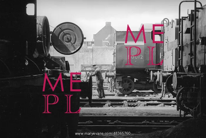 : Nine Elms Loco Yard with worker with barrow between locos : Nine Elms Loco Yard with worker with barrow between locos