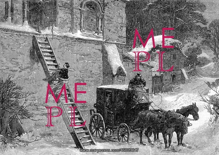 : Eloping. A young woman escaping a house by step ladder in order to elope : Eloping. A young woman escaping a house by step ladder in order to elope