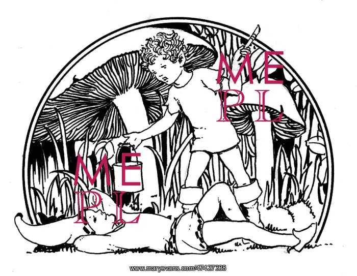 : Elves with paint pot and toadstools : Elves with paint pot and toadstools