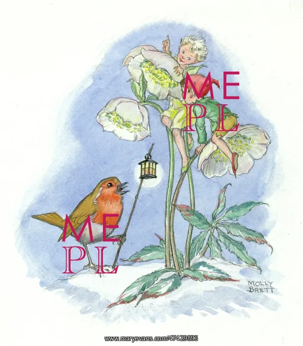 : Elves sitting on a flower with a robin : Elves sitting on a flower with a robin
