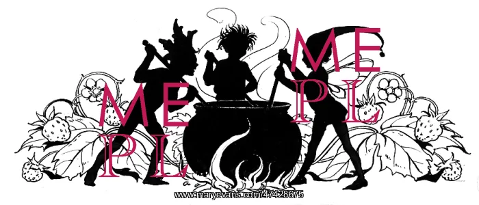 : Elves stirring strawberry jam cooking over fire : Elves stirring strawberry jam cooking over fire