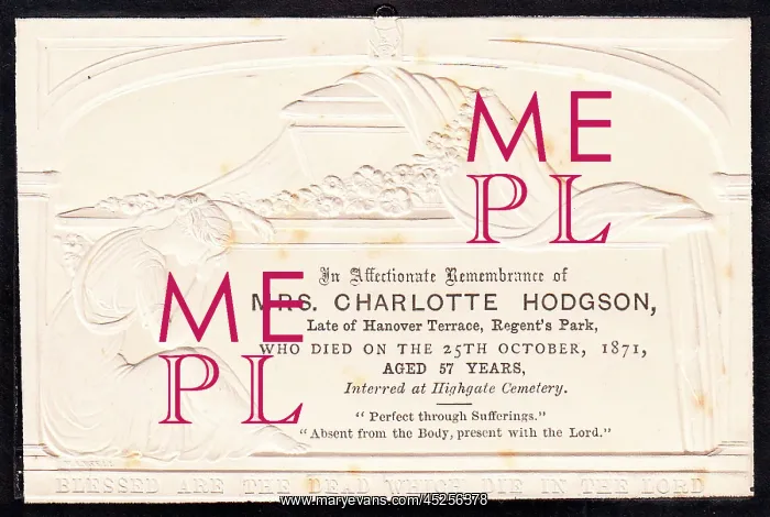 : Embossed Victorian mourning card, Mrs Charlotte Hodgson : Embossed Victorian mourning card, Mrs Charlotte Hodgson