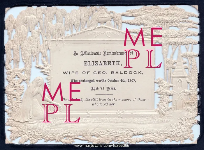 : Embossed Victorian mourning card, Elizabeth Baldock : Embossed Victorian mourning card, Elizabeth Baldock