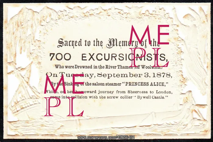 : Embossed Victorian mourning card, 700 Excursionists : Embossed Victorian mourning card, 700 Excursionists