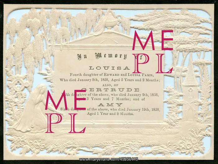 : Embossed Victorian mourning card, three daughters : Embossed Victorian mourning card, three daughters