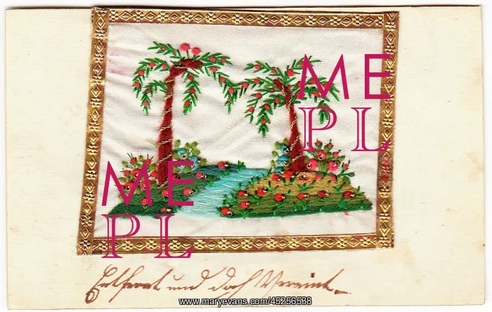 : Embroidered fruit trees with gold edging : Embroidered fruit trees with gold edging