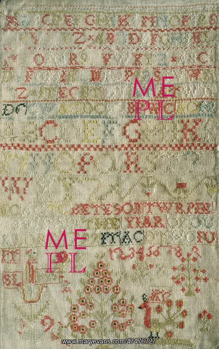 : Embroidered Sampler – alphabet, trees, birds : Embroidered Sampler – alphabet, trees, birds