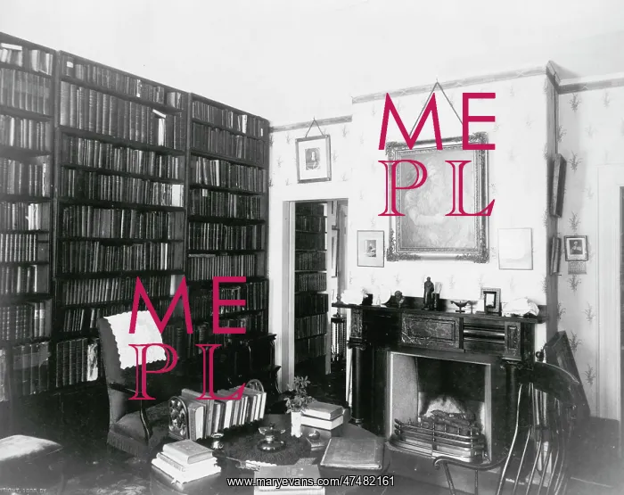 : Emerson's study showing shelves of books, fireplace and desk : Emerson's study showing shelves of books, fireplace and desk