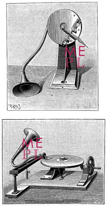 : Emil Berliner's Gramophone. Top: Recording stylus : Emil Berliner's Gramophone. Top: Recording stylus