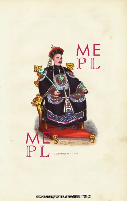 : Emperor of China in embroidered robes seated on his throne : Emperor of China in embroidered robes seated on his throne
