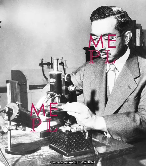 : Emperor Hirohito puts specimens on a slide under : Emperor Hirohito puts specimens on a slide under
