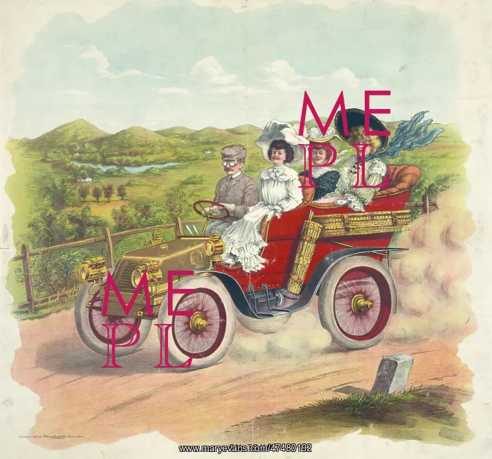  : En tour. Three women and a man riding in automobile in the country. Date c1904