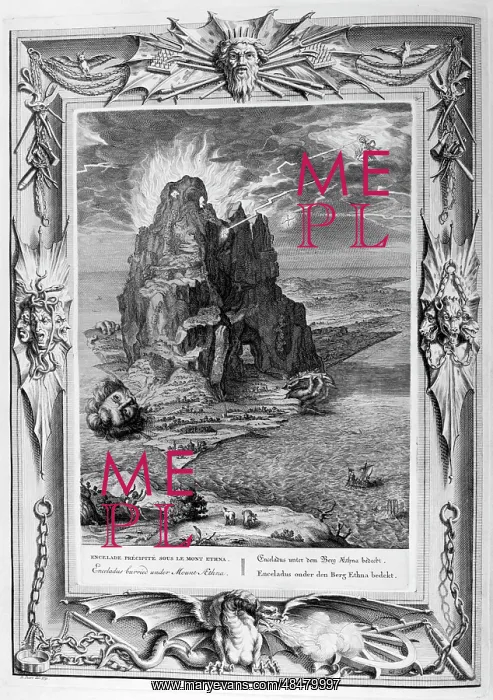 : Encecladus in battle at Mount Etna. Engraved illustration : Encecladus in battle at Mount Etna. Engraved illustration