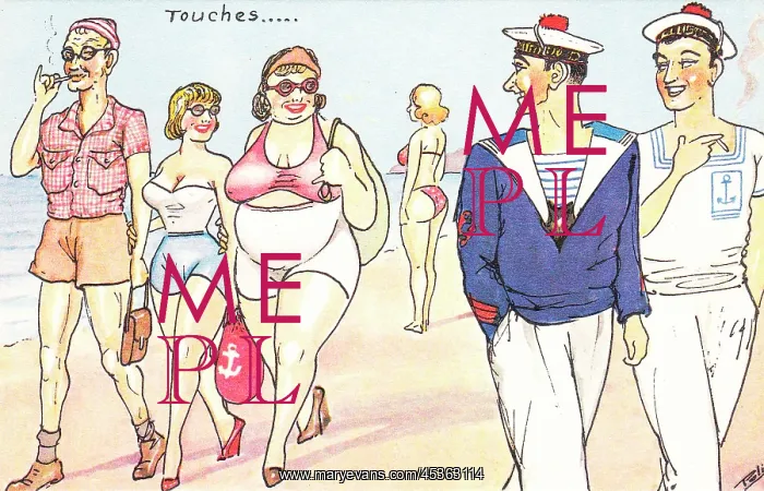 : Encounter on a beach on a comic French postcard : Encounter on a beach on a comic French postcard