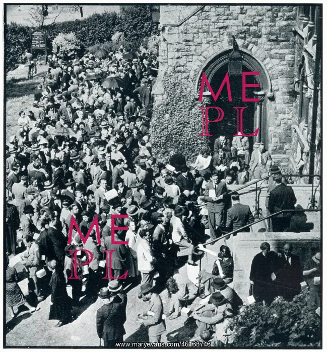 : Enemy aliens queue to register outside church, Sept 1939 : Enemy aliens queue to register outside church, Sept 1939
