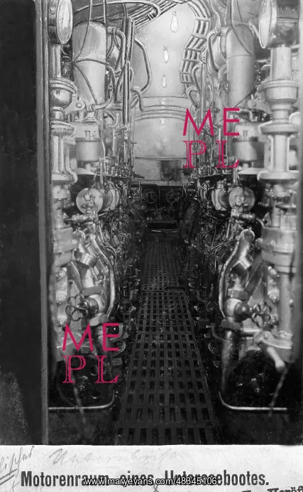 : Engine room of a submarine, 1912 : Engine room of a submarine, 1912
