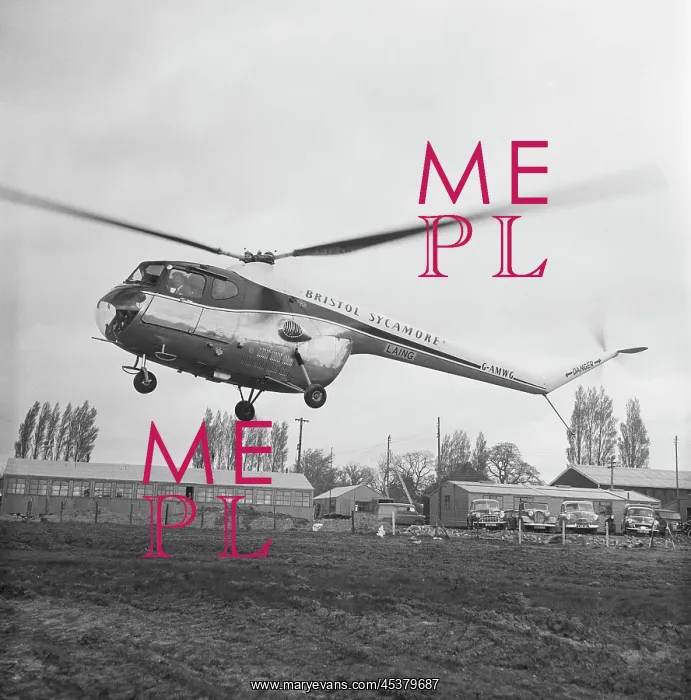 : England. A helicopter taking off from Project C Office to inspect progress : England. A helicopter taking off from Project C Office to inspect progress