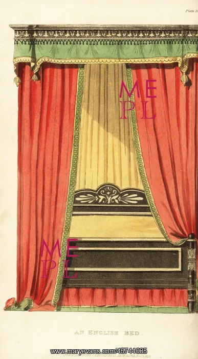 : An English four-poster bed with drapes designed : An English four-poster bed with drapes designed