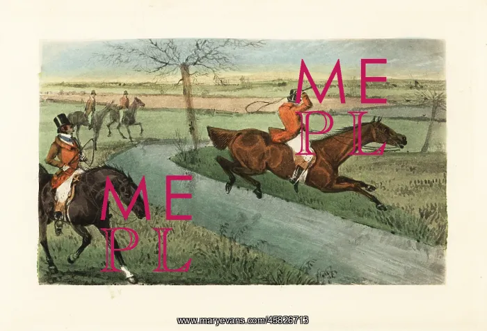 : English gentleman jumping across a brook during a hunt : English gentleman jumping across a brook during a hunt