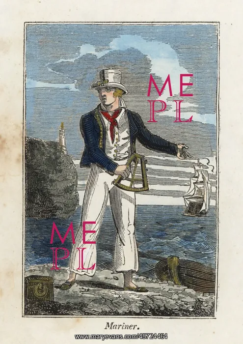 : English mariner with sextant on a beach in : English mariner with sextant on a beach in