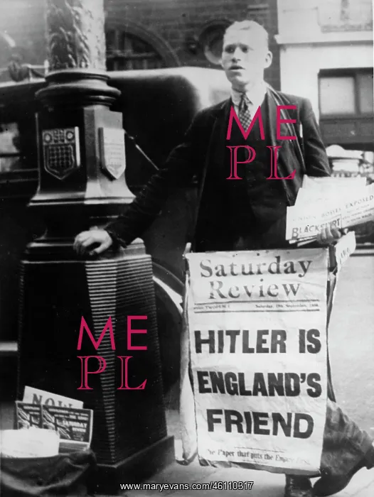 : English newspaper vendor with a poster : English newspaper vendor with a poster