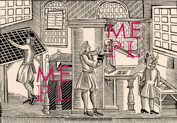 : English printing workshop circa 1719. On the left : English printing workshop circa 1719. On the left