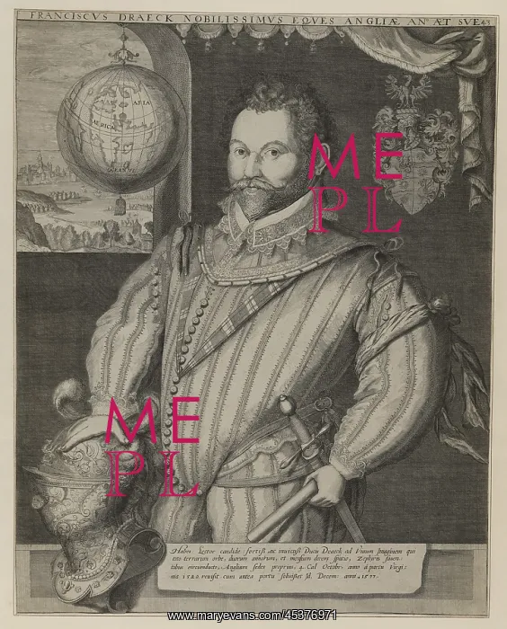 : English privateer, Francis Drake, in an engraved : English privateer, Francis Drake, in an engraved