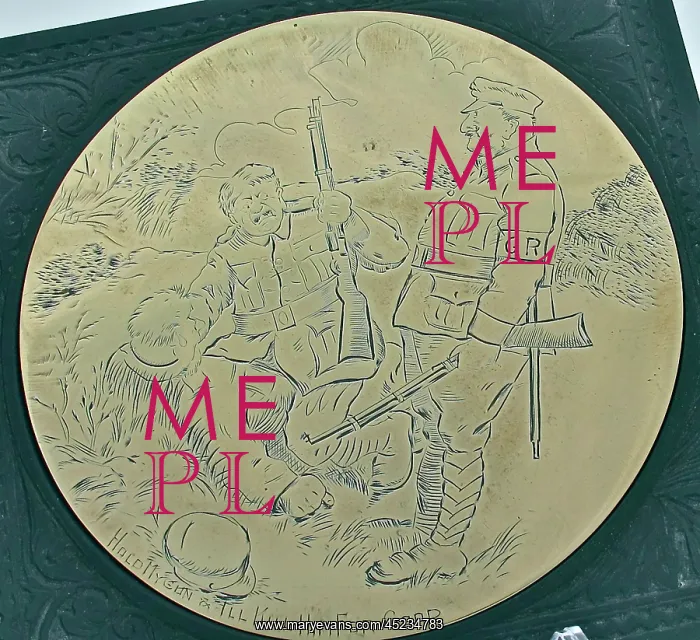 : Engraved brass teapot stand containing a cartoon, WW1 : Engraved brass teapot stand containing a cartoon, WW1