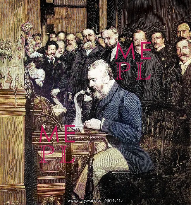 : Engraving of Alexander Graham Bell Making First : Engraving of Alexander Graham Bell Making First