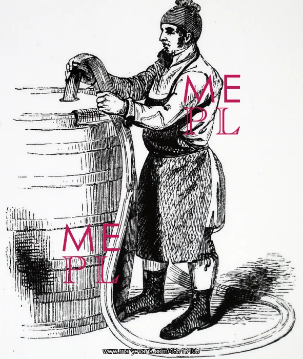 : An engraving of Brewing: Filling barrels with : An engraving of Brewing: Filling barrels with