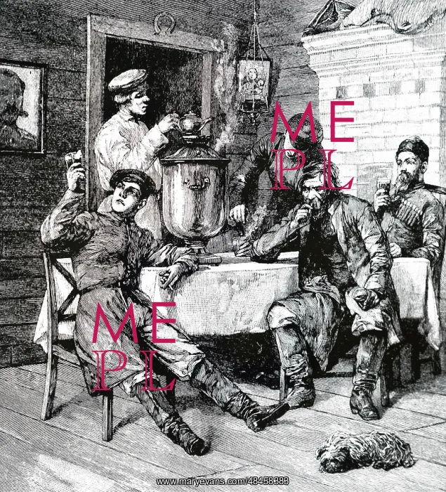 : An engraving customers seated round the samovar : An engraving customers seated round the samovar