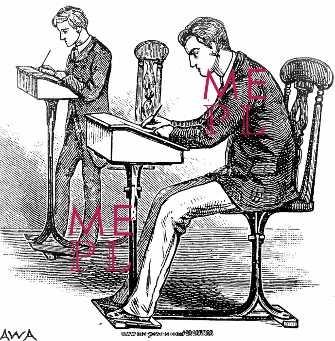 : Engraving depicting an adjustable chair and desk : Engraving depicting an adjustable chair and desk