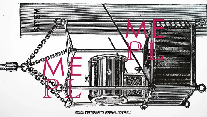 : Engraving depicting an arc light projector with : Engraving depicting an arc light projector with
