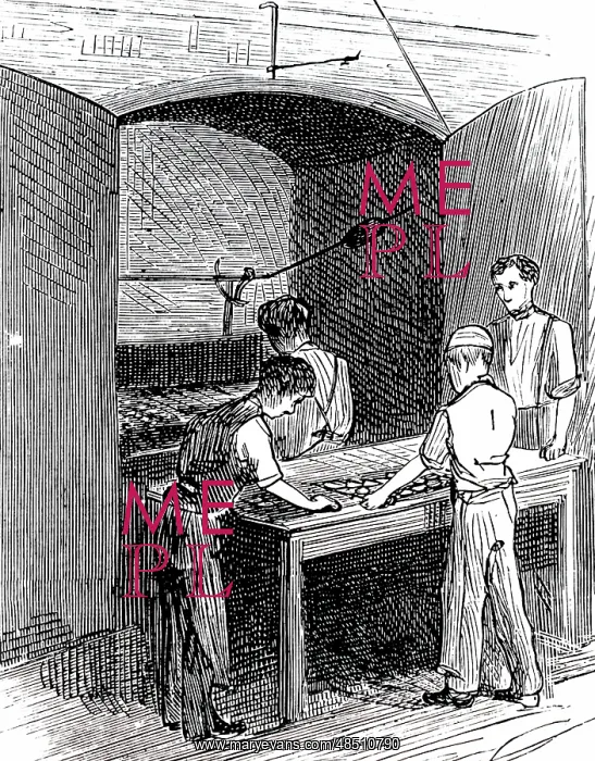 : An engraving depicting biscuits going into the : An engraving depicting biscuits going into the