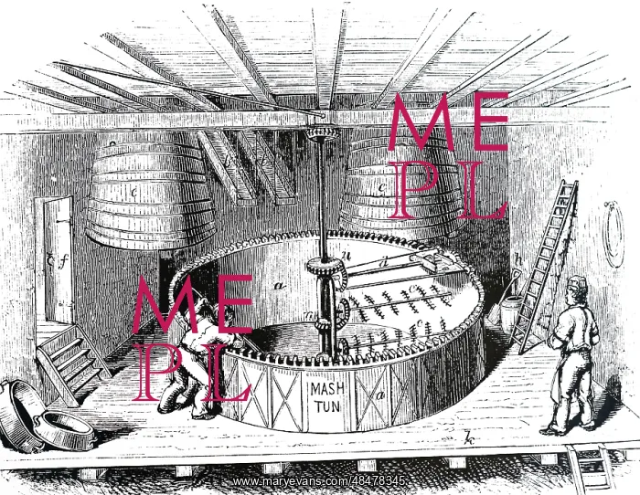 : An engraving depicting the boiling and crushing of grain : An engraving depicting the boiling and crushing of grain